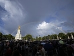 People gather outside Buckingham Palace in London as a double rainbow appears in the sky, Thursday, September. 8, 2022. (AP Photo/Frank Augstein) People gather outside Buckingham Palace in London as a double rainbow appears in the sky, Thursday, September. 8, 2022. (AP Photo/Frank Augstein)