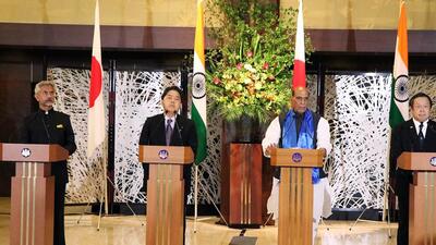 Defence minister Rajnath Singh held talks with his Japanese counterpart Yasukazu Hamada ahead of the 2+2 meeting, for which they were joined by external affairs minister S Jaishankar and his Japanese counterpart Yoshimasa Hayashi. (ANI/ PIB)