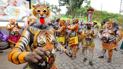 Pulikkali artists perform during Onam celebrations in Thiruvananthapuram. ((Photo by Vivek R Nair/ Hindustan Times))