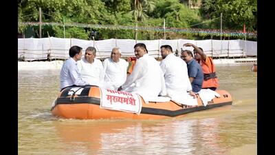 Bihar chief minister Nitish Kumar along with deputy CM Tejashwi Prasad Yadav inspects the Gaya Ji Dam on river Falgu after inauguration on Thursday . (Santosh Kumar/HT Photo) Bihar chief minister Nitish Kumar along with deputy CM Tejashwi Prasad Yadav inspects the Gaya Ji Dam on river Falgu after inauguration on Thursday . (Santosh Kumar/HT Photo)