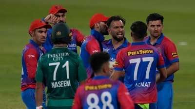 Afghanistan's Fareed Ahmad, third right, reacts after dismissing Pakistan's Asif Ali. (AP) Afghanistan's Fareed Ahmad, third right, reacts after dismissing Pakistan's Asif Ali. (AP)