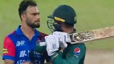 Snapshot of the almost physical tussle between Pakistan batsman Asif Ali and Afghanistan bowler Fareed Ahmad. during the match between the two teams on Wednesday. (twitter\ Gulbadin Naib) Snapshot of the almost physical tussle between Pakistan batsman Asif Ali and Afghanistan bowler Fareed Ahmad. during the match between the two teams on Wednesday. (twitter\ Gulbadin Naib)