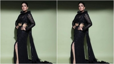 “Starry nights,” Raveena captioned her pictures as she decked up in the stunning six yards of grace. Manish Malhotra dropped by to comment with multiple red heart emoticons. (Instagram/@officialraveenatandon)