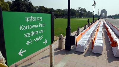 The Kartavya Path signboard has been installed in front of India Gate, New Delhi. (Hindustan Times) The Kartavya Path signboard has been installed in front of India Gate, New Delhi. (Hindustan Times)