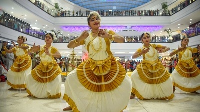 Artists perform traditional dance as part of Onam celebrations in Navi Mumbai. (PTI) Artists perform traditional dance as part of Onam celebrations in Navi Mumbai. (PTI)