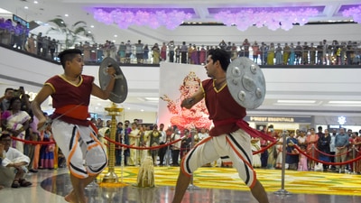 Artists perform traditional martial arts 'Kalaripayattu' Navi Mumbai, (PTI) Artists perform traditional martial arts 'Kalaripayattu' Navi Mumbai, (PTI)