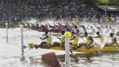Participants reach for the finish line during the traditional Nehru Trophy boat race as part of Onam celebrations in Alappuzha. (PTI) Participants reach for the finish line during the traditional Nehru Trophy boat race as part of Onam celebrations in Alappuzha. (PTI)