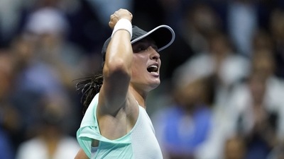 Iga Swiatek, of Poland, celebrates after winning her match against Jessica Pegula, of the United States, during the quarterfinals of the U.S. Open tennis championships. (AP) Iga Swiatek, of Poland, celebrates after winning her match against Jessica Pegula, of the United States, during the quarterfinals of the U.S. Open tennis championships. (AP)