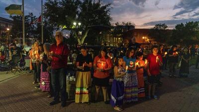 People gather at a vigil in honour of the victims of a mass stabbing incident at James Smith Cree Nation and Weldon, Saskatchewan, in front of City Hall in Prince Albert, Saskatchewan, Canada, on Wednesday. (AP) People gather at a vigil in honour of the victims of a mass stabbing incident at James Smith Cree Nation and Weldon, Saskatchewan, in front of City Hall in Prince Albert, Saskatchewan, Canada, on Wednesday. (AP)