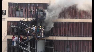 Fire at hotel Levana Suites on on Monday. (Deepak Gupta/HT) Fire at hotel Levana Suites on on Monday. (Deepak Gupta/HT)