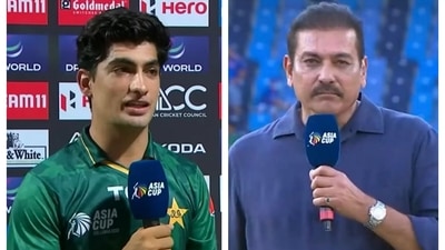 Naseem Shah talks to Ravi Shastri after winning the match for Pakistan Naseem Shah talks to Ravi Shastri after winning the match for Pakistan