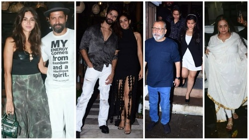 Shibani Dandekar and Farhan Akhtar, Pankaj Kapur, Supriya Pathak and Sanah Kapur and Neliima Azeem join Shahid Kapoor and Mira Rajput at their party. (Varinder Chawla)&nbsp;