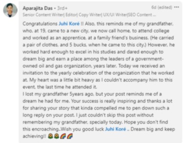 A comment on the granddaughter's emotional tribute to her grandfather. (LinkedIn/@Aparajita Das)