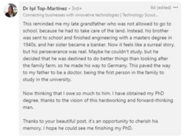 LinkedIn user reacted to granddaughter's post about her late grandfather. (LinkedIn/@Dr Işıl Top-Martinez)