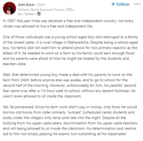 The post shared by a granddaughter about her late grandfather. (LinkedIn/@Juhi Koré)