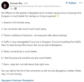 A screengrab of the LinkedIn post that draws comparison between Gurugram and Bengaluru. (LinkedIn/Kunwar Raj) A screengrab of the LinkedIn post that draws comparison between Gurugram and Bengaluru. (LinkedIn/Kunwar Raj)