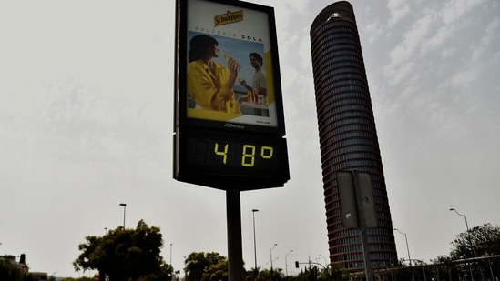 Europe Heatwave: A street thermometer reads 48 degrees Celsius during a heatwave in Seville.(AFP)