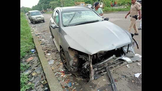 Wreackage of the Mercedes car in which businessman and former Tata Sons Chairman Cyrus Mistry was travelling when it met with an accident in Palghar. (FILE PHOTO)