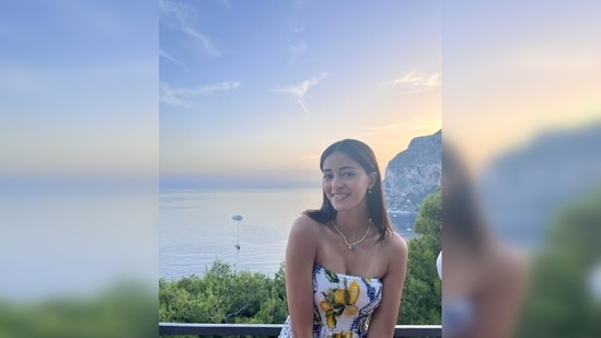 Ananya Panday ditched makeup and flaunted her flawless healthy skin as she posed with the sun setting in the backdrop.(Instagram/@ananyapanday)