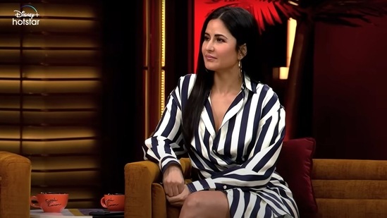 A screengrab from the Koffee With Karan 7 episode featuring Katrina Kaif, Siddhant Chaturvedi and Ishaan Khatter.(YouTube/DisneyPlus Hotstar)
