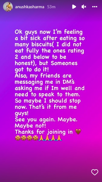 Biscuit review by Anushka Sharma(Instagram/@anushkasharma)