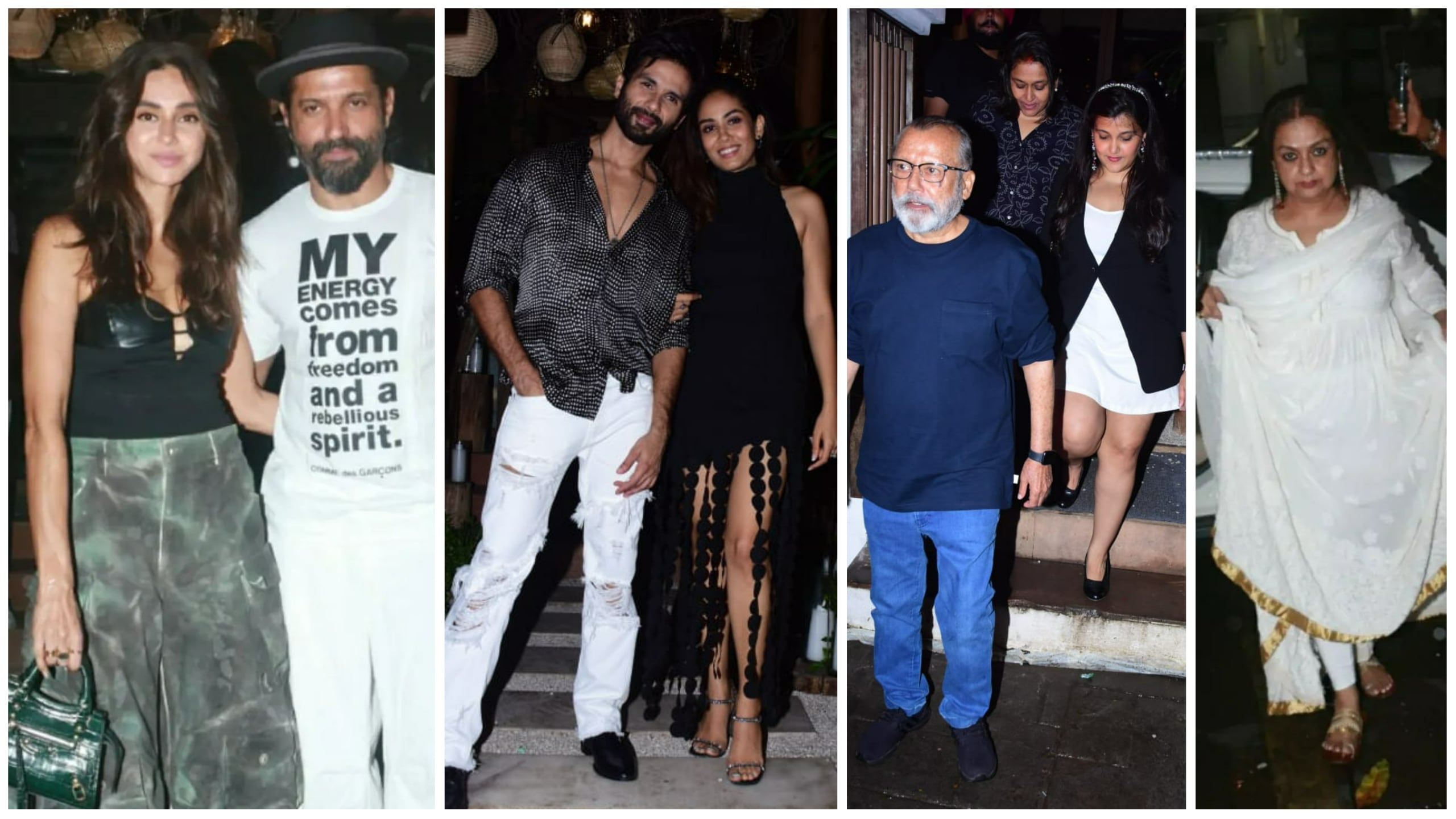 Shibani Dandekar and Farhan Akhtar, Pankaj Kapur, Supriya Pathak and Sanah Kapur and Neliima Azeem join Shahid Kapoor and Mira Rajput at their party. (Varinder Chawla)&nbsp;