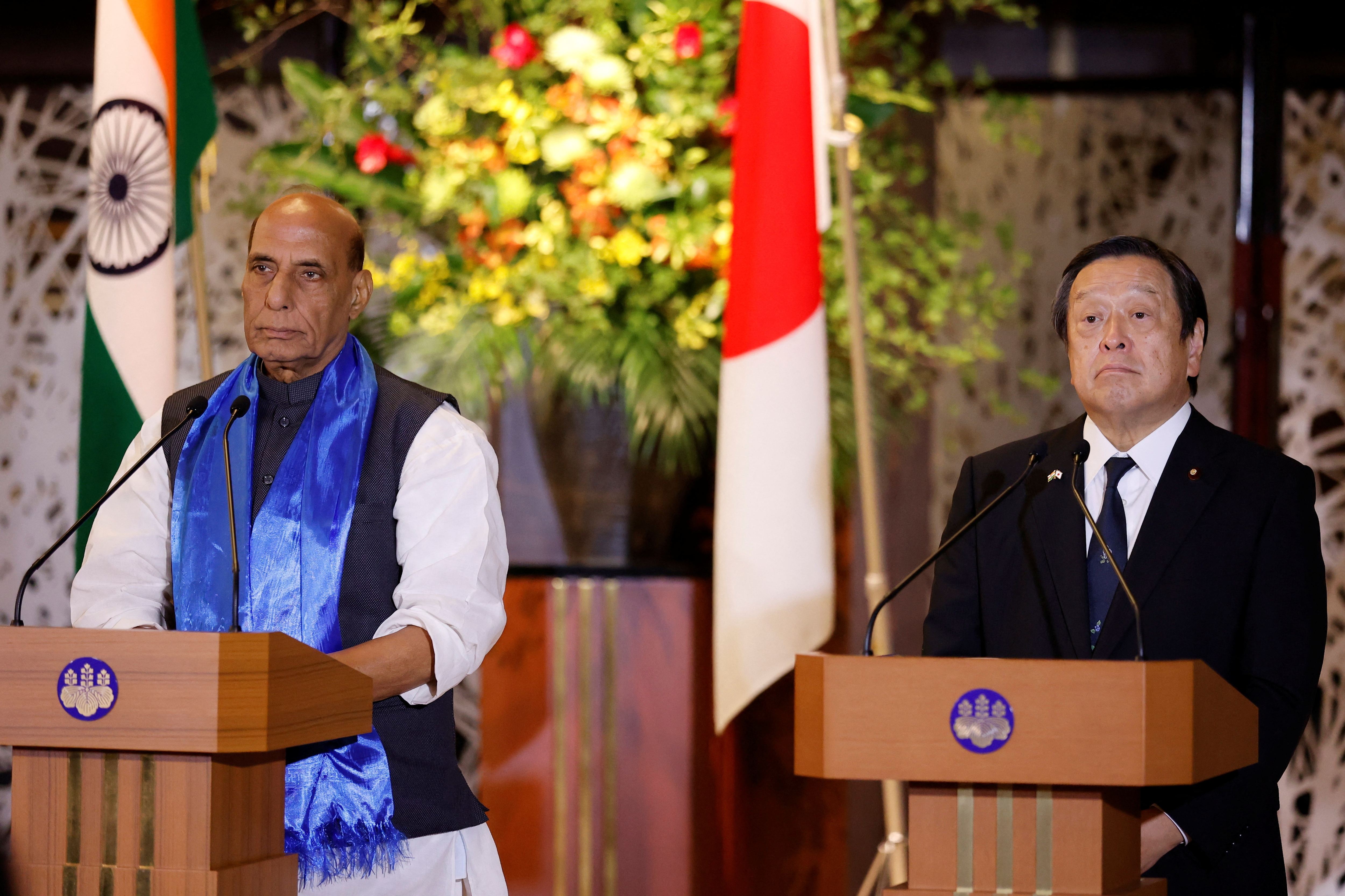 Defence minsiter Rajnath Singh and his Japanese counterpart Yasukazu Hamada, attend a news conference at the Iikura Guest House, in Tokyo on Thursday.&nbsp; (REUTERS)