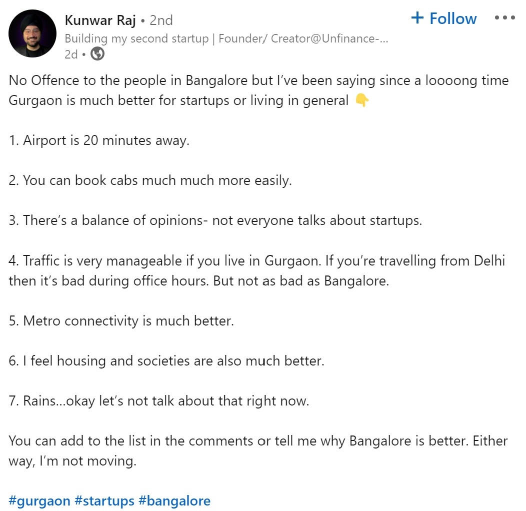 A screengrab of the LinkedIn post that draws comparison between Gurugram and Bengaluru. (LinkedIn/Kunwar Raj)