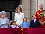 ,Queen Elizabeth II, from left, Prince Louis, Kate, Duchess of Cambridge, Princess Charlotte, Prince George and Prince William.