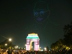 A view of a drone show at India Gate, part of the revamped Central Vista Avenue, in New Delhi.(Hindustan Times) A view of a drone show at India Gate, part of the revamped Central Vista Avenue, in New Delhi.(Hindustan Times)