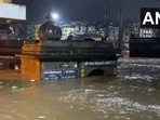 A videograb of Godavari river overflowing in Nashik.(ANI/ Twitter) A videograb of Godavari river overflowing in Nashik.(ANI/ Twitter)