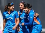 India's captain Harmanpreet Kaur, center, with teammates Radha Yadav, left, and Shafali Verma.(AP) India's captain Harmanpreet Kaur, center, with teammates Radha Yadav, left, and Shafali Verma.(AP)