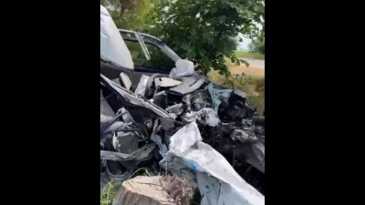 Mangled remains of the car which has a head on collision with a truck killing a youth in Ferozepur on Friday. (HT Photo)
