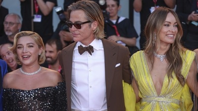 Chris Pine, Florence Pugh and Olivia Wilde at the premiere of the film Don't Worry Darling during the 79th edition of the Venice Film Festival in Venice, Italy, (AP) Chris Pine, Florence Pugh and Olivia Wilde at the premiere of the film Don't Worry Darling during the 79th edition of the Venice Film Festival in Venice, Italy, (AP)