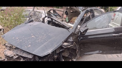 The mangled remains of the car that fell off the Ladhowal flyover in Ludhiana on Friday. (HT Photo) The mangled remains of the car that fell off the Ladhowal flyover in Ludhiana on Friday. (HT Photo)
