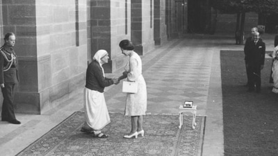 The Queen presents Mother Teresa of Calcutta with the Insignia of the Honorary Order of Merit in New Delhi on November 24, 1983. (Virendra Prabhakar / HT Photo) The Queen presents Mother Teresa of Calcutta with the Insignia of the Honorary Order of Merit in New Delhi on November 24, 1983. (Virendra Prabhakar / HT Photo)