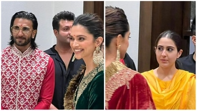 Ranveer Singh, Deepika Padukone and Sara Ali Khan at a Ganpati darshan in Mumbai. Ranveer Singh, Deepika Padukone and Sara Ali Khan at a Ganpati darshan in Mumbai. 