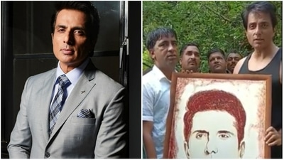 Sonu Sood receives a painting of him made with blood as a gift. Sonu Sood receives a painting of him made with blood as a gift.