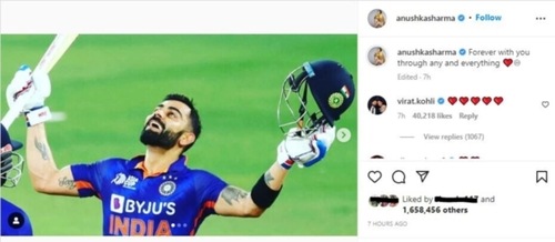 Taking to Instagram, Anushka posted several pictures of Virat from the match along with a note.