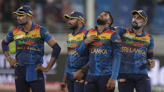 Sri Lanka's Wanindu Hasaranga de Silva, second right, reacts after the dismissal of Pakistan's captain Babar Azam during the T20 cricket match of Asia Cup between Pakistan and Sri Lanka(AP)