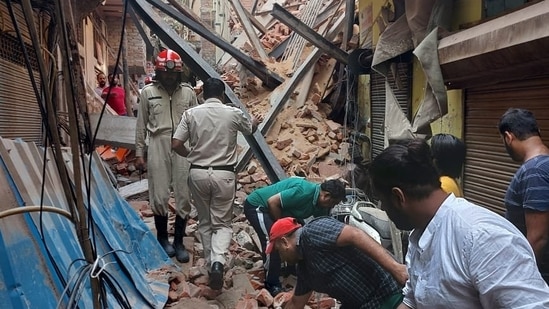 New Delhi: Search and rescue operation underway after and underconstruction building collapsed in Azad Nagar area. New Delhi: Search and rescue operation underway after and underconstruction building collapsed in Azad Nagar area.