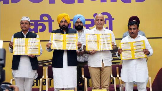 Earlier, the party had announced four guarantees, including free education, ₹1,000 per month to woman aged above 18, free health care, and ₹1 crore to the families of soldiers from the state who have laid down their lives in line of duty. (Birbal Sharma /HT)