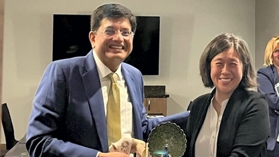 Union commerce minister Piyush Goyal and US trade representative Katherine Tai after a bilateral meeting on the sidelines of Indo-Pacific Economic Framework Ministerial in Los Angeles, Thursday, September 8, 2022. (PTI Photo)