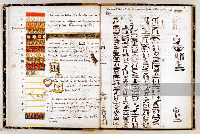 A page from the notes of French scholar Jean-Francois Champollion (below), who deciphered the Rosetta Stone. (Print Collector / Getty Images) A page from the notes of French scholar Jean-Francois Champollion (below), who deciphered the Rosetta Stone. (Print Collector / Getty Images)