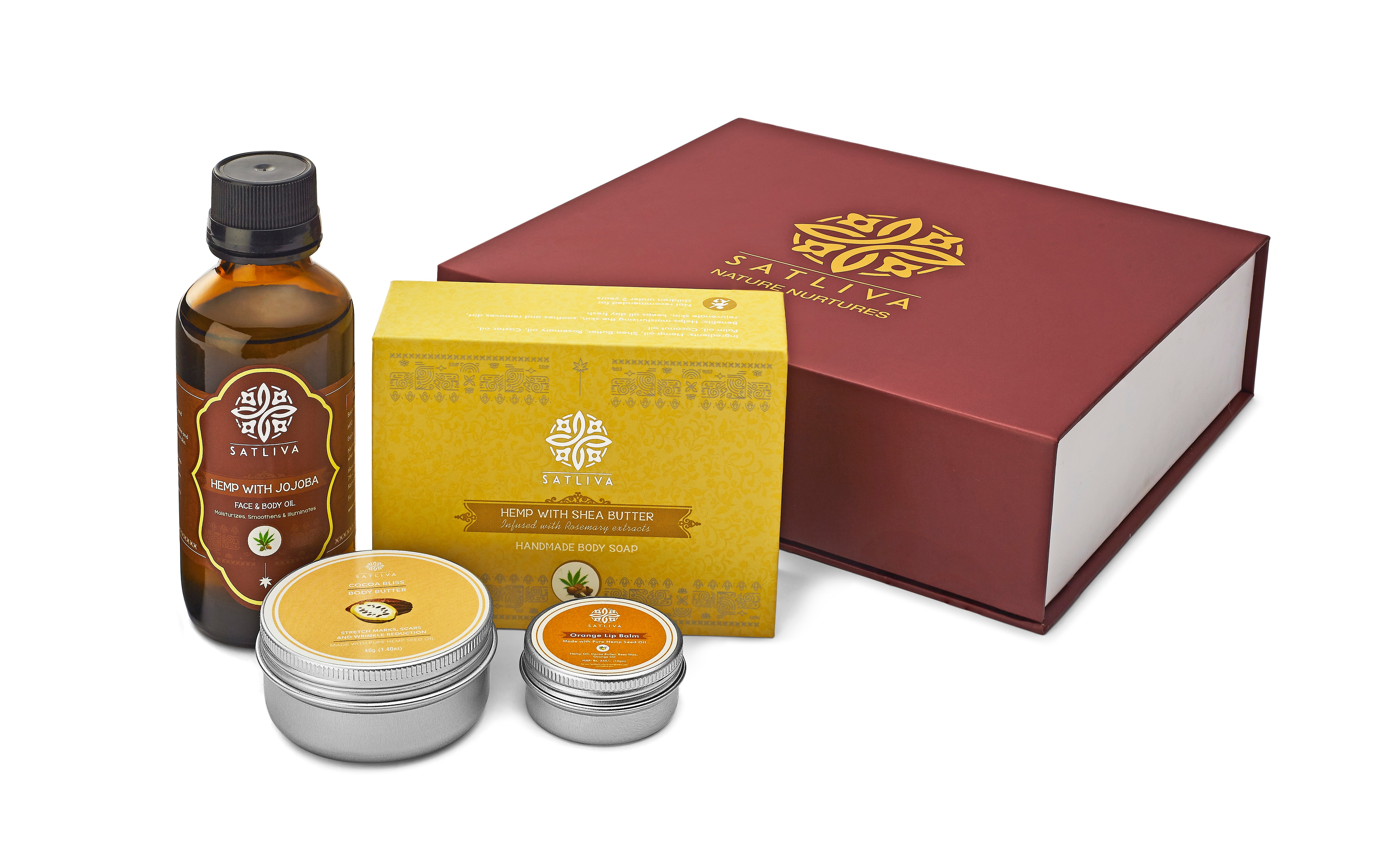 This natural head to toe kit by Satliva with hemp & jojoba oil, cocoa body butter, shea butter soap and orange lip balm helps rejuvenate, nourish, and soothe skin This natural head to toe kit by Satliva with hemp & jojoba oil, cocoa body butter, shea butter soap and orange lip balm helps rejuvenate, nourish, and soothe skin