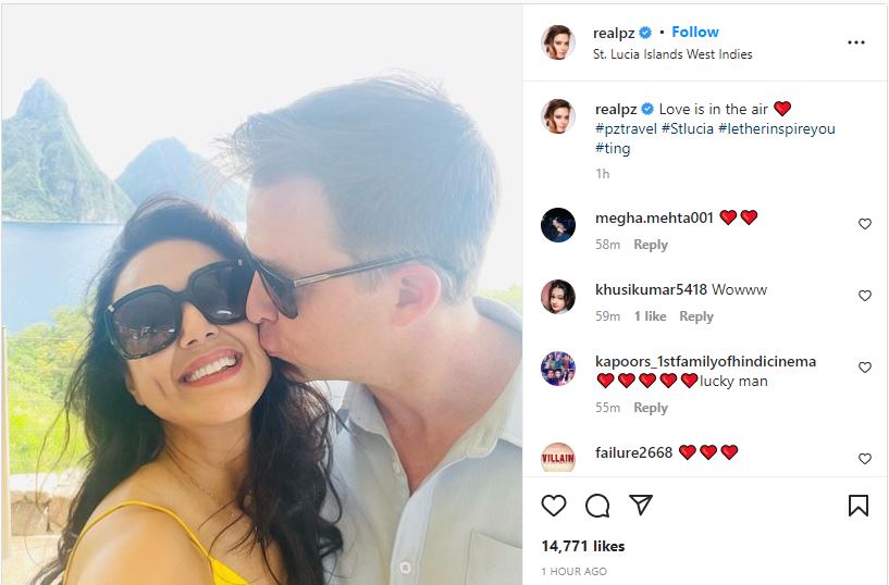 Preity Zinta smiles as she gets a kiss from husband on Caribbean ...