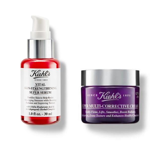 The super multi corrective cream firms, lifts, improves the skins texture and the vital skin strengthening super serum effectively boosts radiance. Both by Kiehls The super multi corrective cream firms, lifts, improves the skins texture and the vital skin strengthening super serum effectively boosts radiance. Both by Kiehls