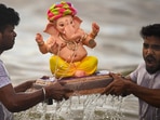 Mumbai: Devotees immerse an idol of Lord Ganesh during 'Gauri Ganpati Visarjan', in Mumbai, Monday, Sept. 5, 2022. (PTI) Mumbai: Devotees immerse an idol of Lord Ganesh during 'Gauri Ganpati Visarjan', in Mumbai, Monday, Sept. 5, 2022. (PTI)