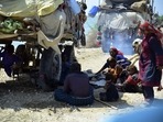 Victims of heavy flooding from monsoon rains take refuge in Sehwan, Sindh province, Pakistan.&nbsp;(AP)