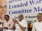 NCP leaders Sharad Pawar and Praful Patel at the Nationalist Congress Party extended working committee meeting at Constitution club, in New Delhi, India, on Saturday.(Hindustan Times) NCP leaders Sharad Pawar and Praful Patel at the Nationalist Congress Party extended working committee meeting at Constitution club, in New Delhi, India, on Saturday.(Hindustan Times)